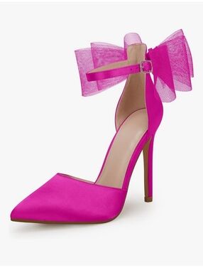 Coutgo Pink Closed Pointed Toe High Heels with Bow Knot Ankle Strap